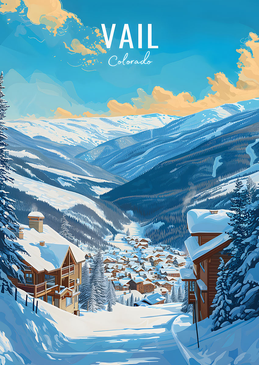 Vibrant artwork of a winter landscape in Vail Colorado featuring snow-covered mountains and a quaint village below.
